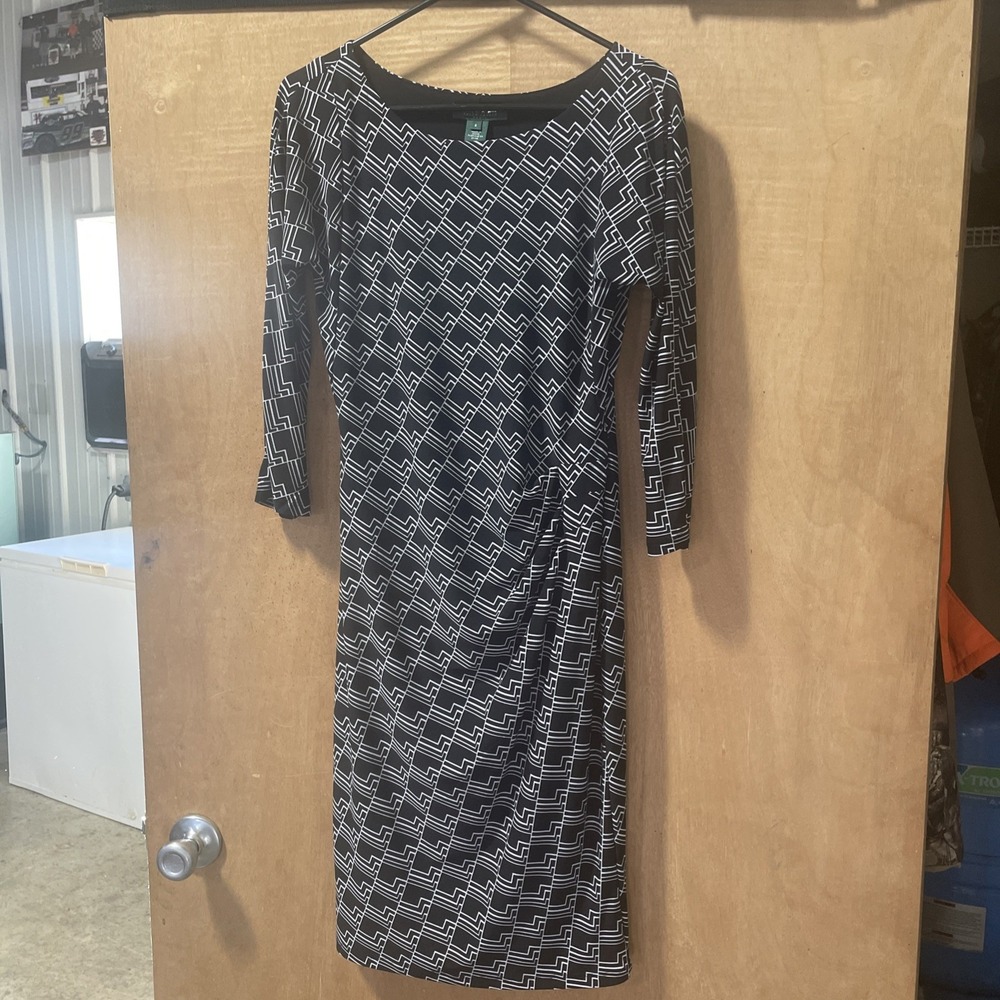 Lauren Ralph Lauren Women's Black Geometric Waist Scrunch‎ Lined Sheath Dress 6